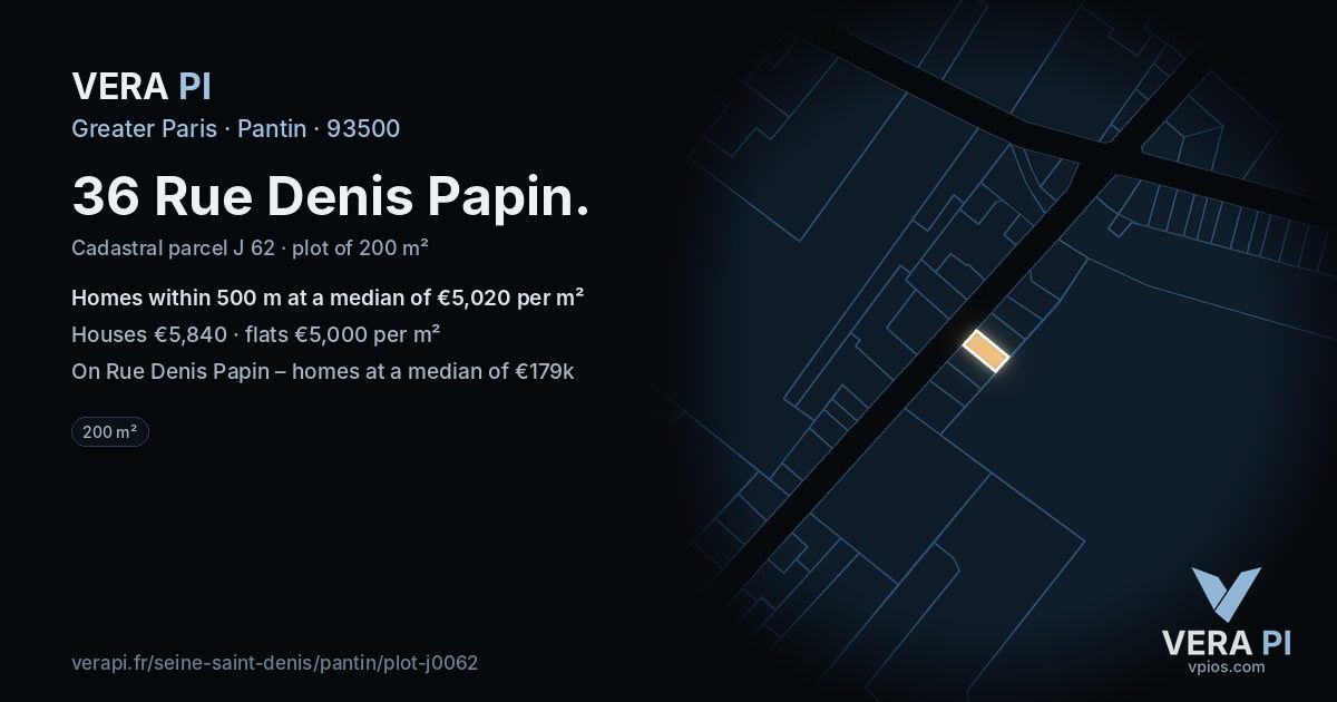 36 Rue Denis Papin, Pantin at night – the plot lit, the parcels around coloured by the prices near them