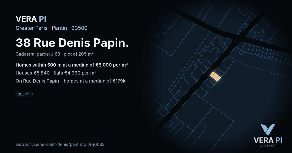 38 Rue Denis Papin, Pantin at night – the plot lit, the parcels around coloured by the prices near them