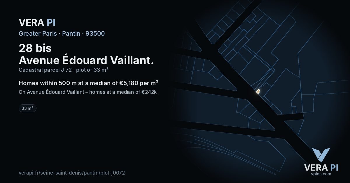 28 bis Avenue Édouard Vaillant, Pantin at night – the plot lit, the parcels around coloured by the prices near them