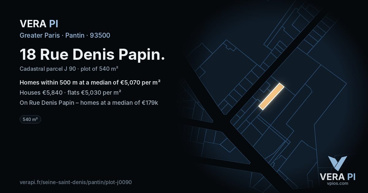 18 Rue Denis Papin, Pantin at night – the plot lit, the parcels around coloured by the prices near them