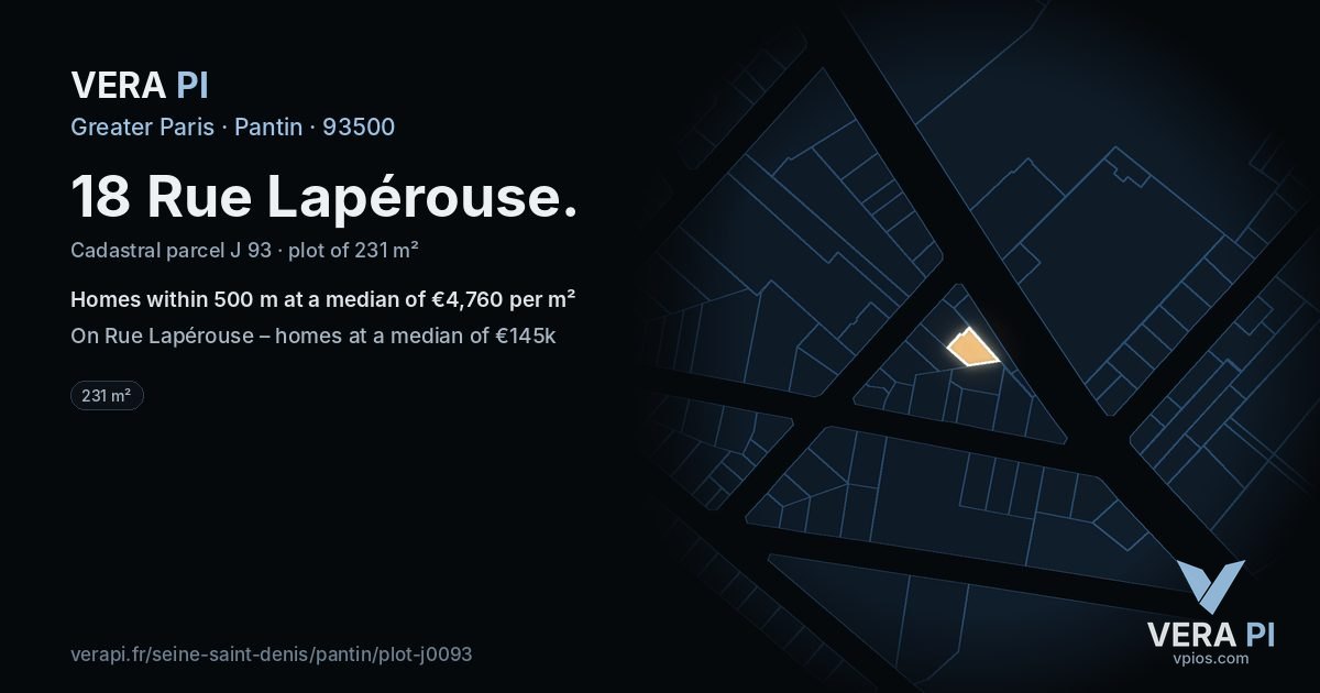 18 Rue Lapérouse, Pantin at night – the plot lit, the parcels around coloured by the prices near them