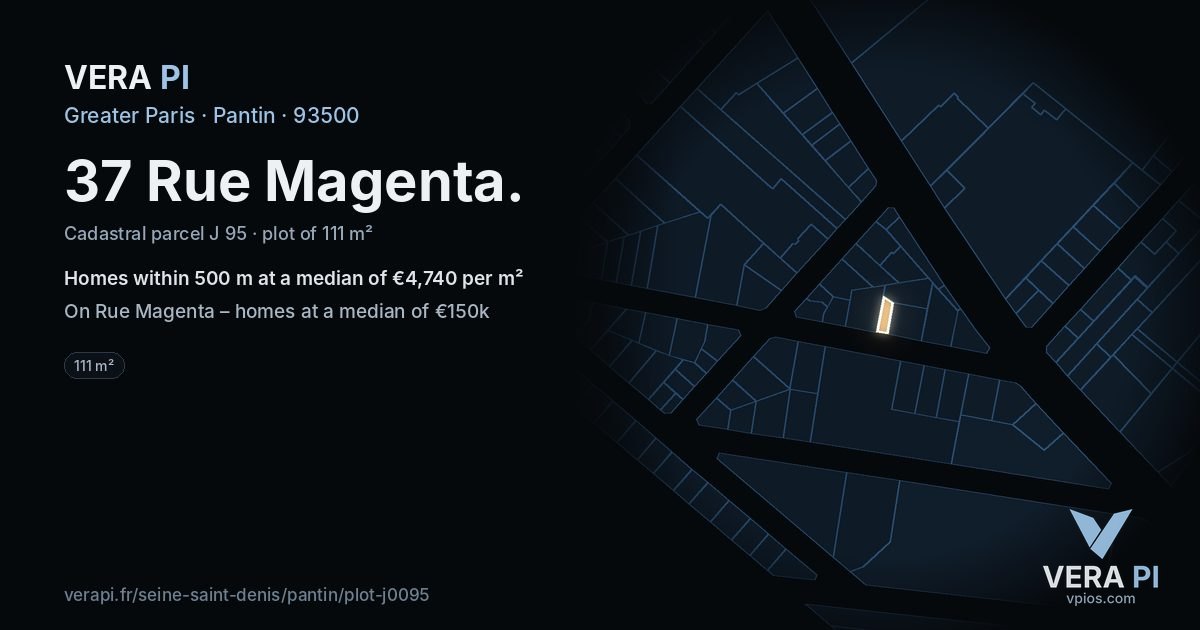 37 Rue Magenta, Pantin at night – the plot lit, the parcels around coloured by the prices near them