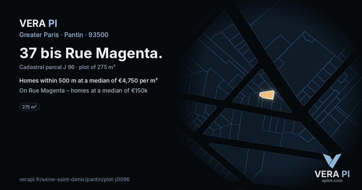 37 bis Rue Magenta, Pantin at night – the plot lit, the parcels around coloured by the prices near them