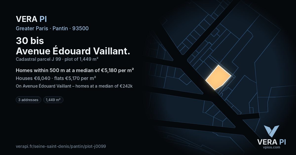 30 bis Avenue Édouard Vaillant, Pantin at night – the plot lit, the parcels around coloured by the prices near them