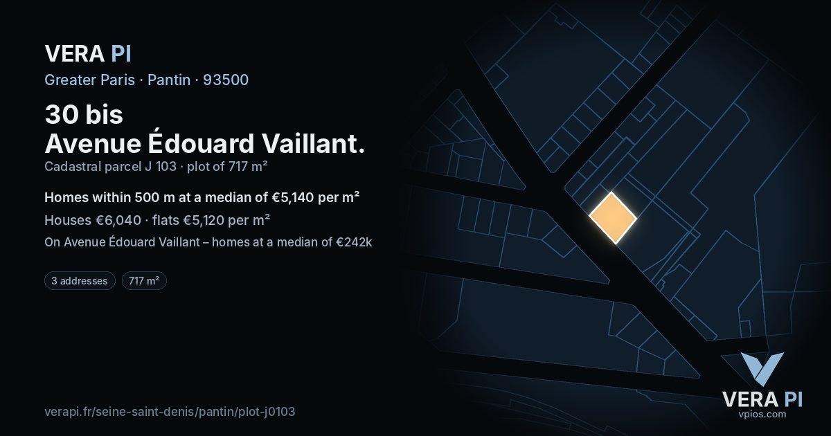 30 bis Avenue Édouard Vaillant, Pantin at night – the plot lit, the parcels around coloured by the prices near them