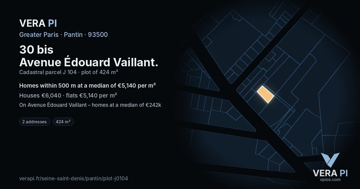 30 bis Avenue Édouard Vaillant, Pantin at night – the plot lit, the parcels around coloured by the prices near them