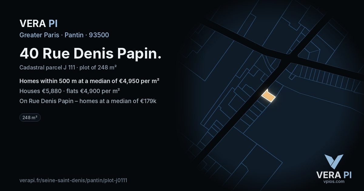 40 Rue Denis Papin, Pantin at night – the plot lit, the parcels around coloured by the prices near them
