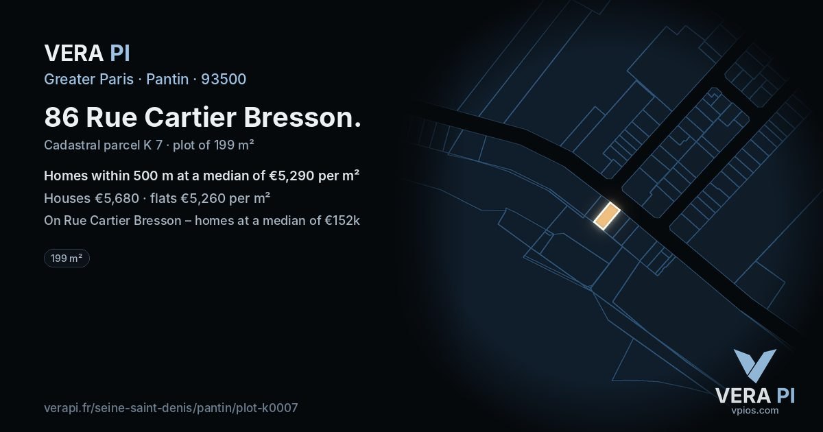 86 Rue Cartier Bresson, Pantin at night – the plot lit, the parcels around coloured by the prices near them
