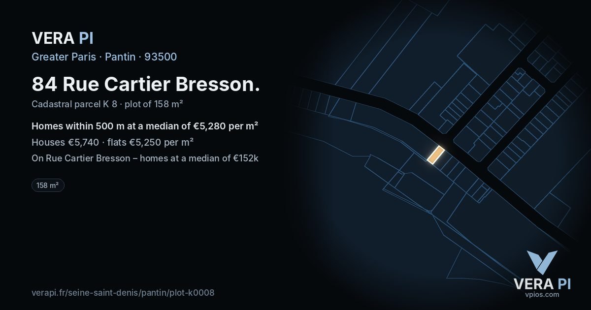 84 Rue Cartier Bresson, Pantin at night – the plot lit, the parcels around coloured by the prices near them