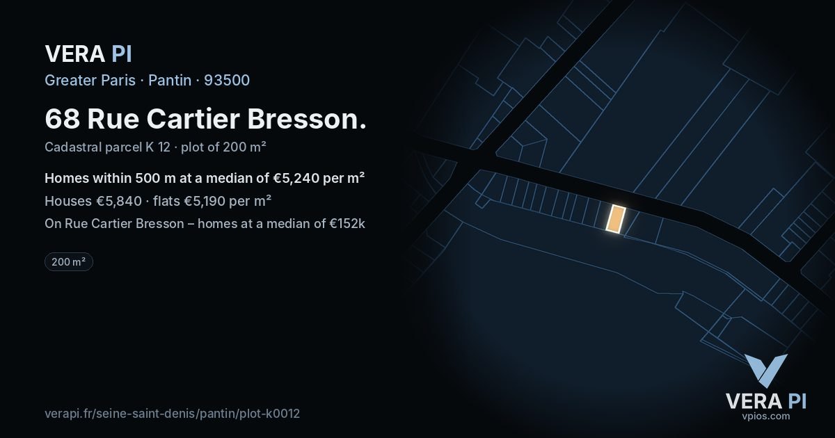 68 Rue Cartier Bresson, Pantin at night – the plot lit, the parcels around coloured by the prices near them