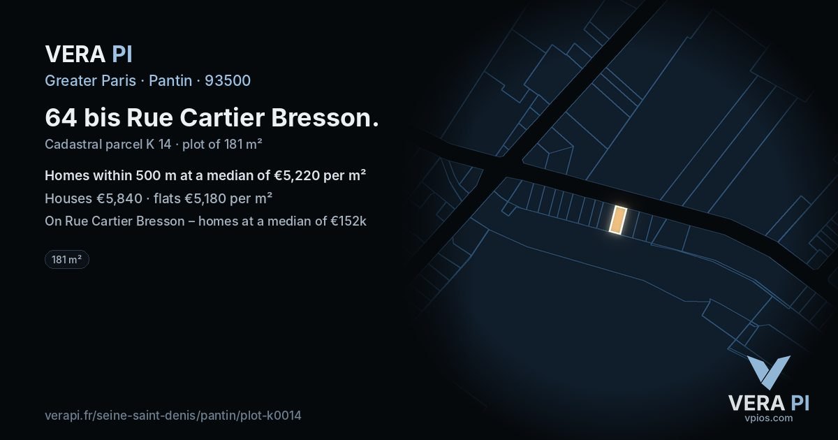 64 bis Rue Cartier Bresson, Pantin at night – the plot lit, the parcels around coloured by the prices near them