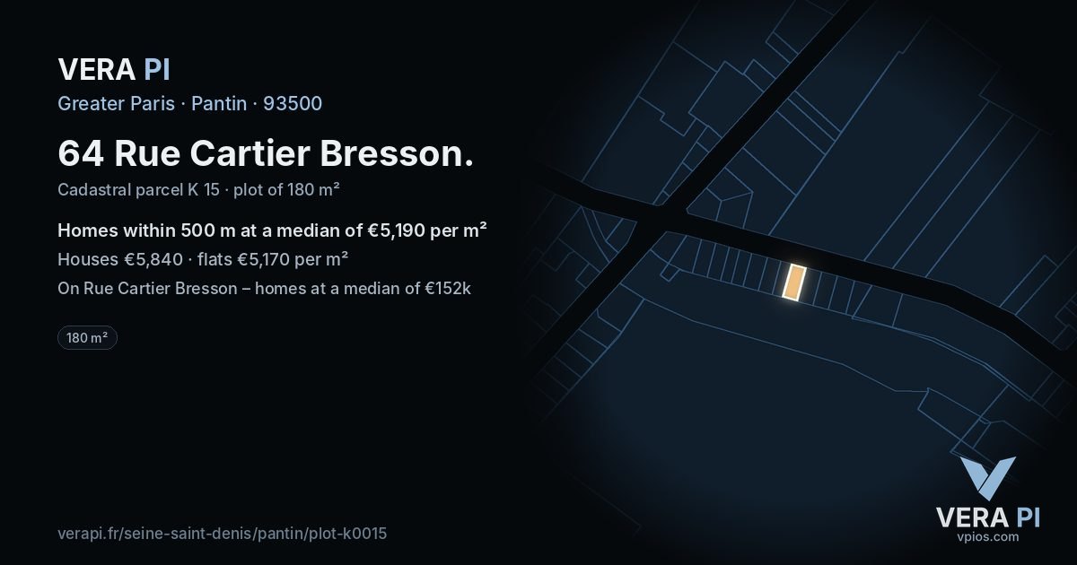 64 Rue Cartier Bresson, Pantin at night – the plot lit, the parcels around coloured by the prices near them