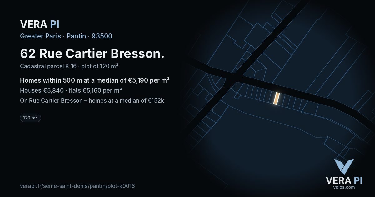 62 Rue Cartier Bresson, Pantin at night – the plot lit, the parcels around coloured by the prices near them