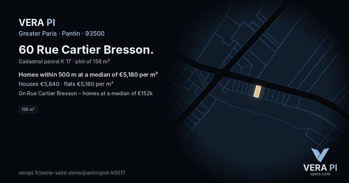 60 Rue Cartier Bresson, Pantin at night – the plot lit, the parcels around coloured by the prices near them