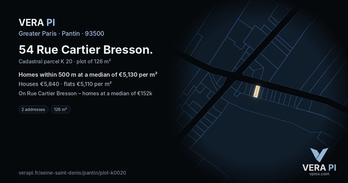 54 Rue Cartier Bresson, Pantin at night – the plot lit, the parcels around coloured by the prices near them