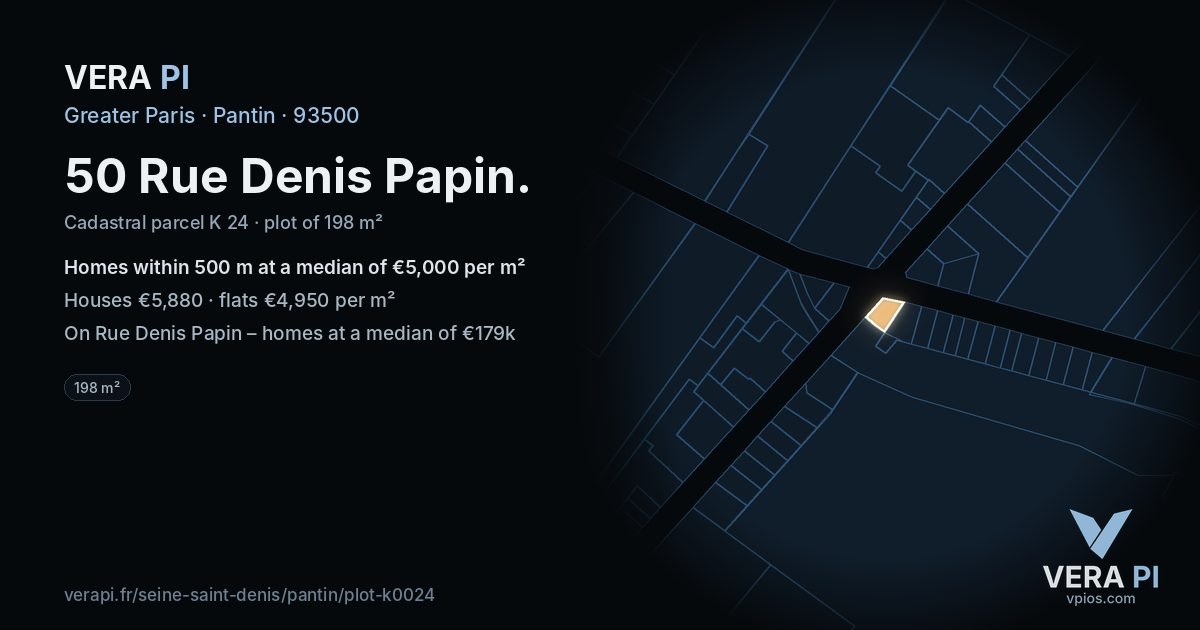 50 Rue Denis Papin, Pantin at night – the plot lit, the parcels around coloured by the prices near them
