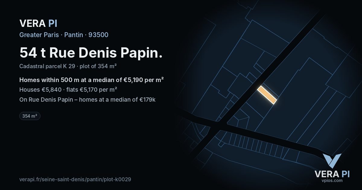54 t Rue Denis Papin, Pantin at night – the plot lit, the parcels around coloured by the prices near them