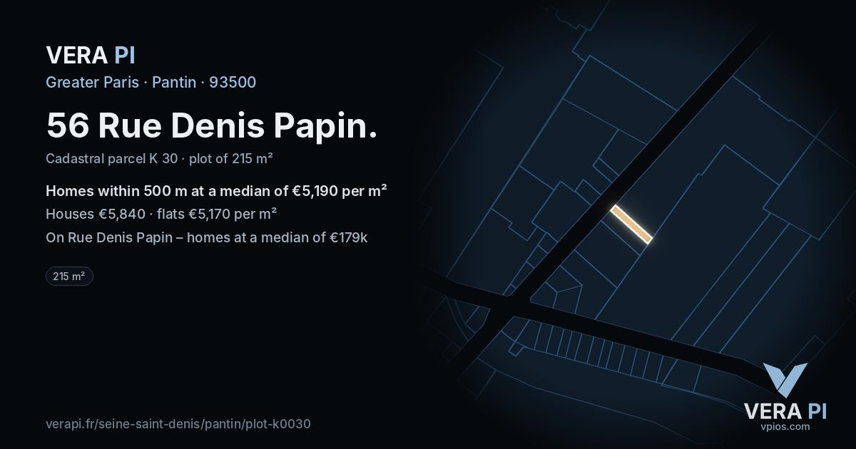 56 Rue Denis Papin, Pantin at night – the plot lit, the parcels around coloured by the prices near them
