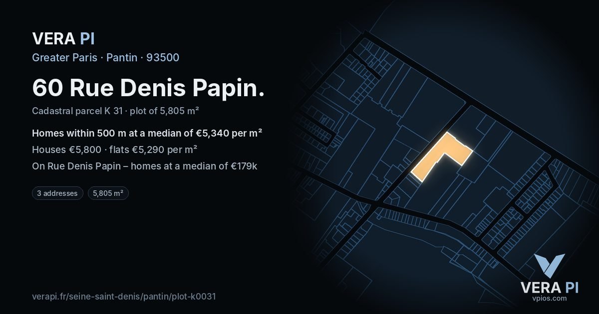 60 Rue Denis Papin, Pantin at night – the plot lit, the parcels around coloured by the prices near them