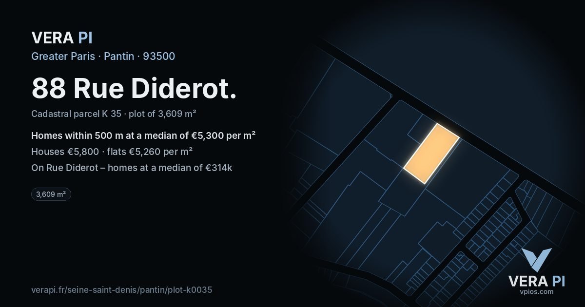 88 Rue Diderot, Pantin at night – the plot lit, the parcels around coloured by the prices near them