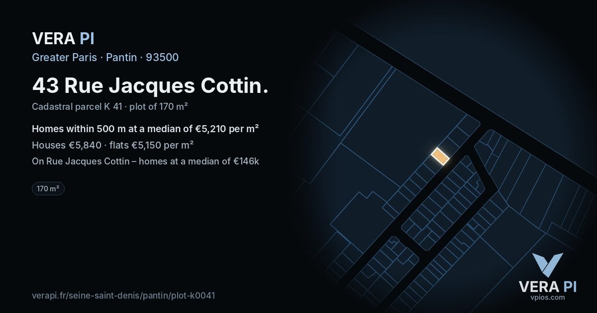 43 Rue Jacques Cottin, Pantin at night – the plot lit, the parcels around coloured by the prices near them