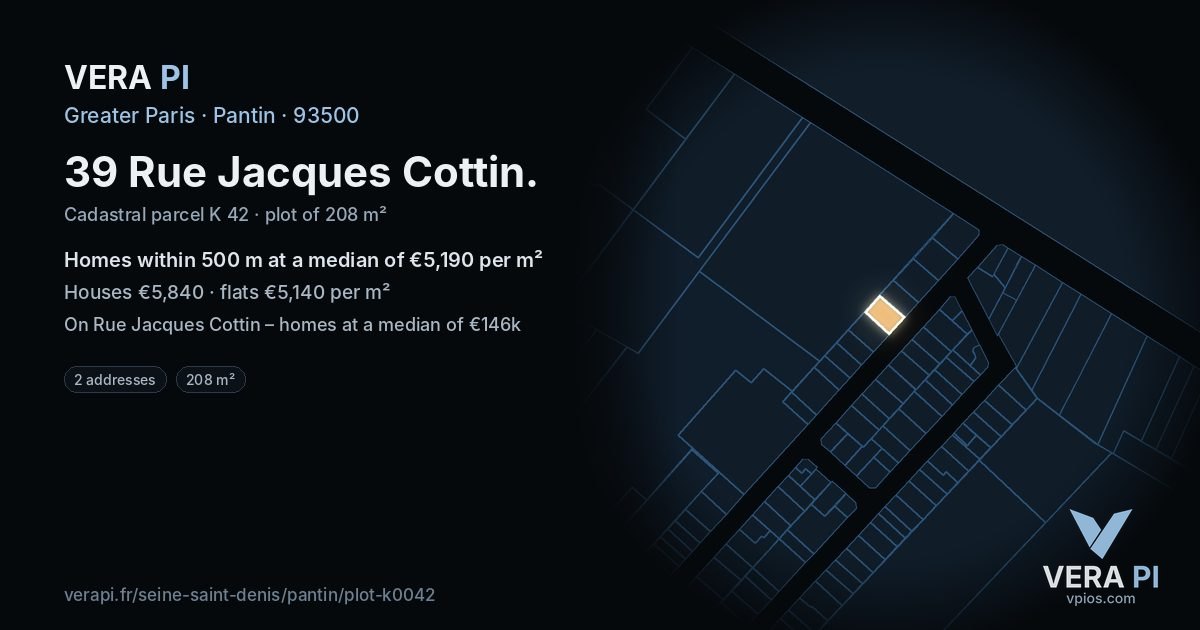 39 Rue Jacques Cottin, Pantin at night – the plot lit, the parcels around coloured by the prices near them