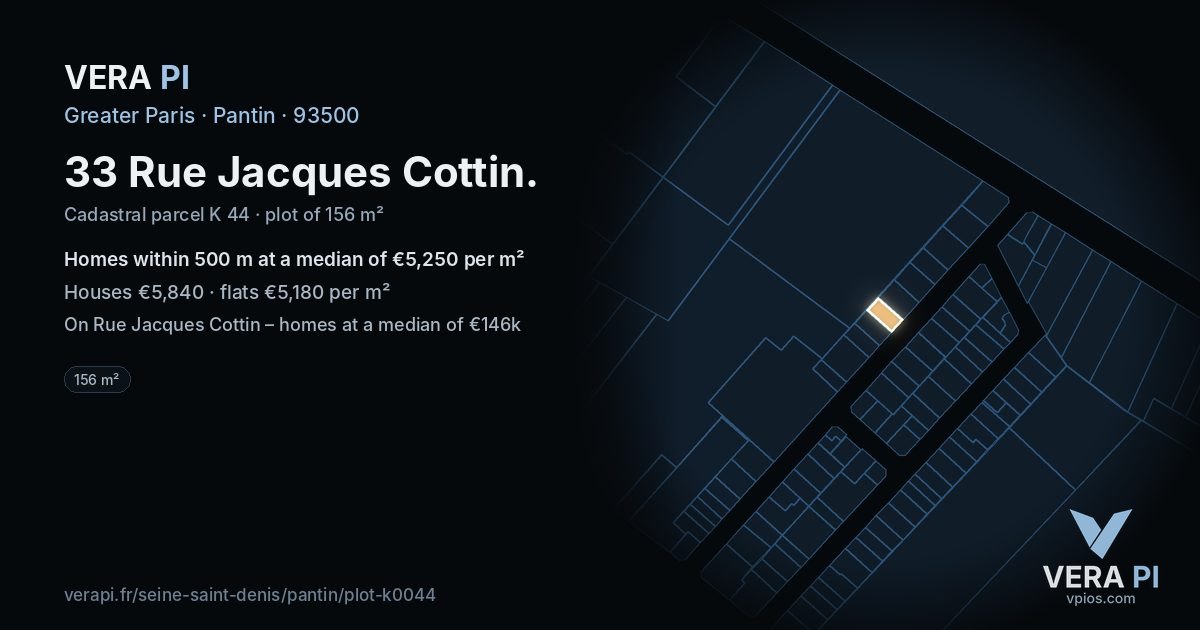 33 Rue Jacques Cottin, Pantin at night – the plot lit, the parcels around coloured by the prices near them