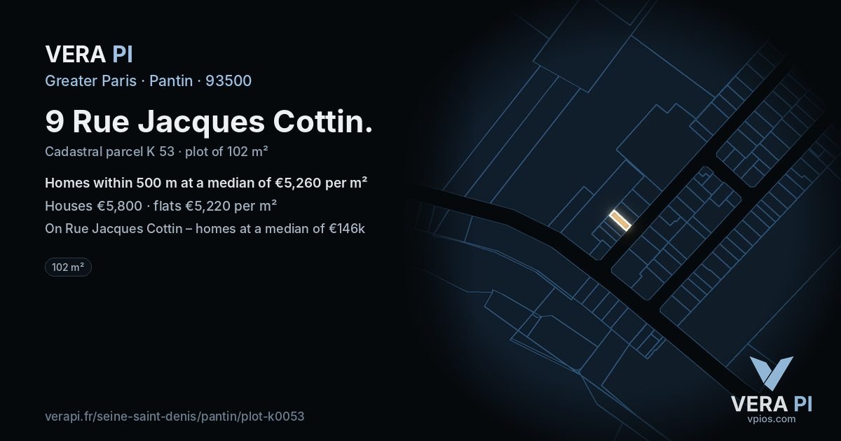 9 Rue Jacques Cottin, Pantin at night – the plot lit, the parcels around coloured by the prices near them