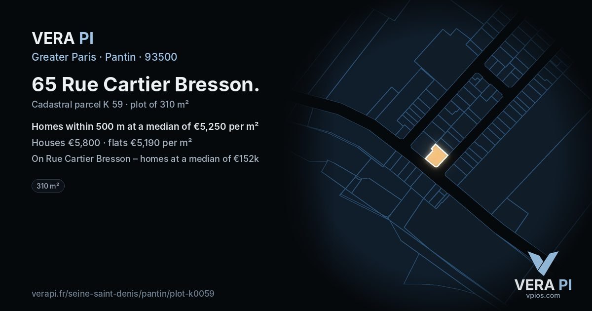 65 Rue Cartier Bresson, Pantin at night – the plot lit, the parcels around coloured by the prices near them