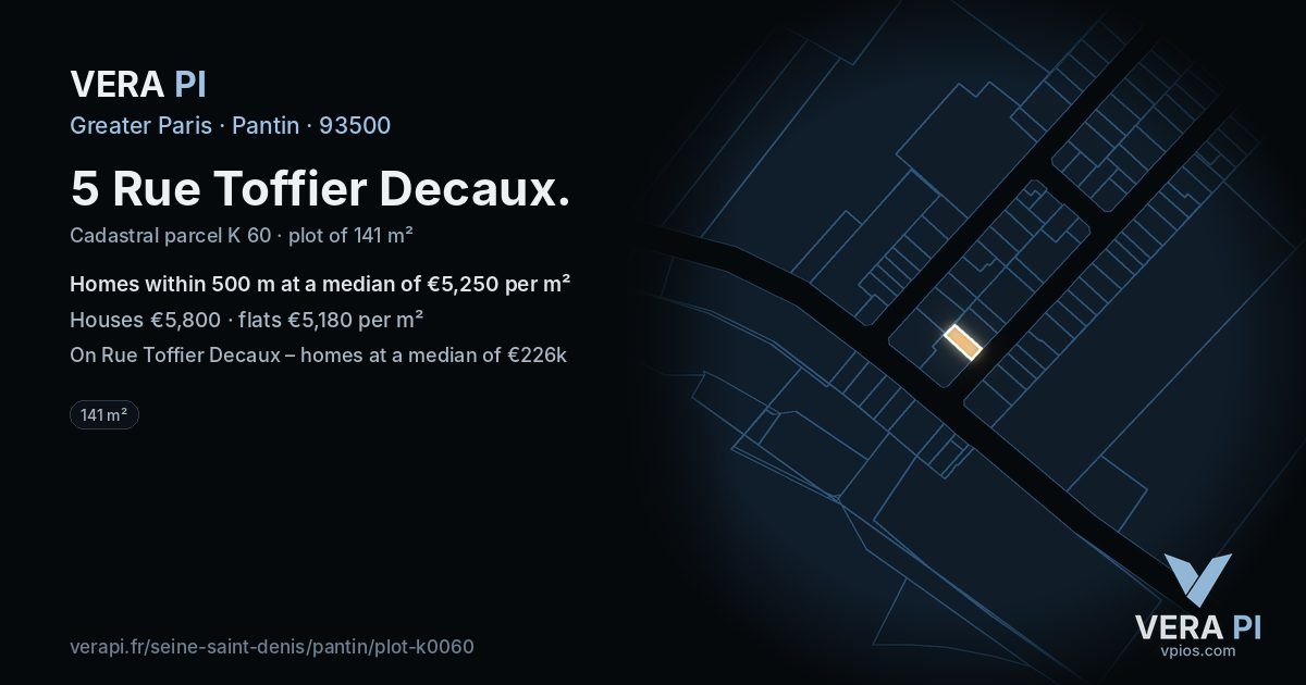 5 Rue Toffier Decaux, Pantin at night – the plot lit, the parcels around coloured by the prices near them