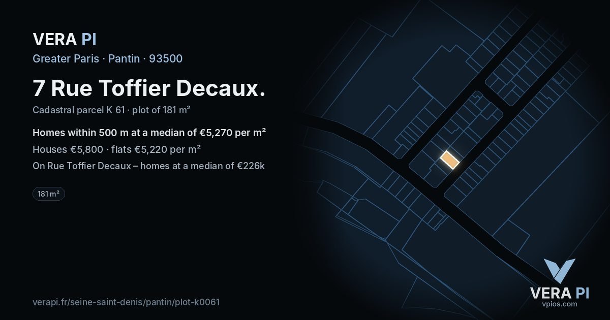 7 Rue Toffier Decaux, Pantin at night – the plot lit, the parcels around coloured by the prices near them