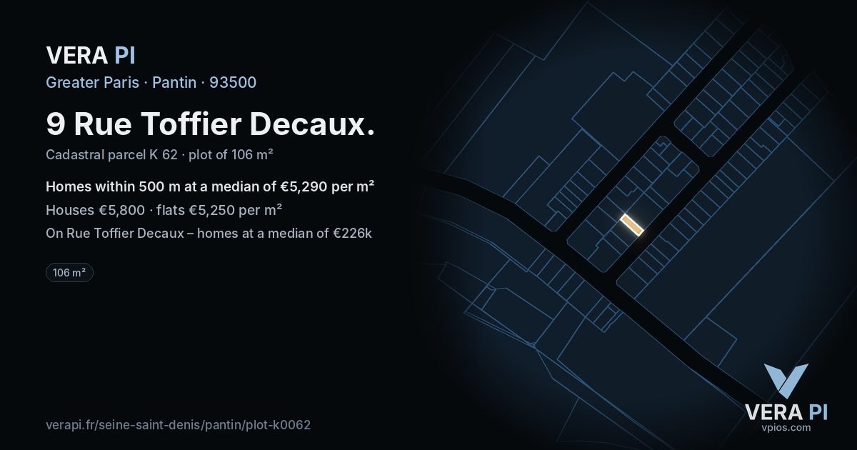 9 Rue Toffier Decaux, Pantin at night – the plot lit, the parcels around coloured by the prices near them