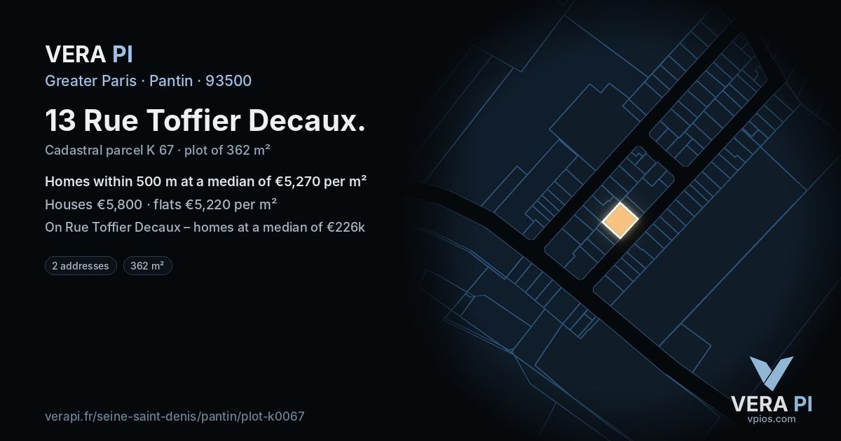 13 Rue Toffier Decaux, Pantin at night – the plot lit, the parcels around coloured by the prices near them
