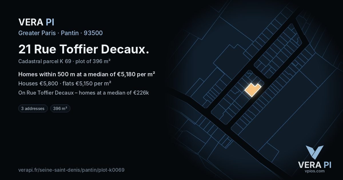 21 Rue Toffier Decaux, Pantin at night – the plot lit, the parcels around coloured by the prices near them