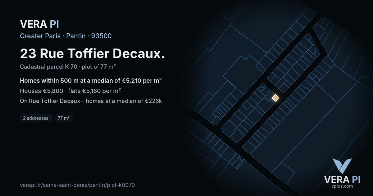 23 Rue Toffier Decaux, Pantin at night – the plot lit, the parcels around coloured by the prices near them