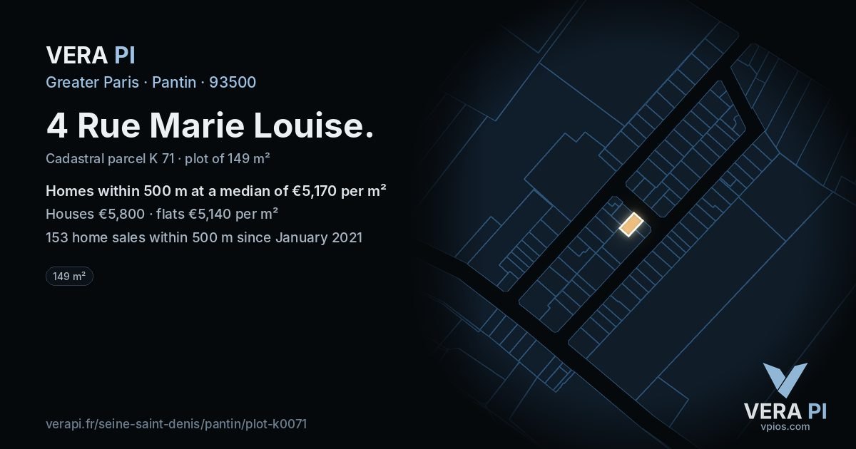 4 Rue Marie Louise, Pantin at night – the plot lit, the parcels around coloured by the prices near them