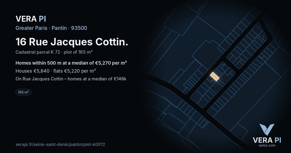 16 Rue Jacques Cottin, Pantin at night – the plot lit, the parcels around coloured by the prices near them