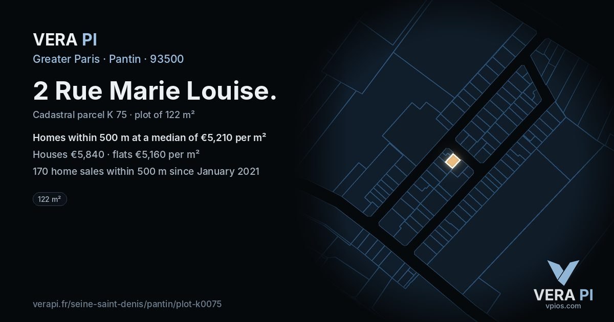2 Rue Marie Louise, Pantin at night – the plot lit, the parcels around coloured by the prices near them