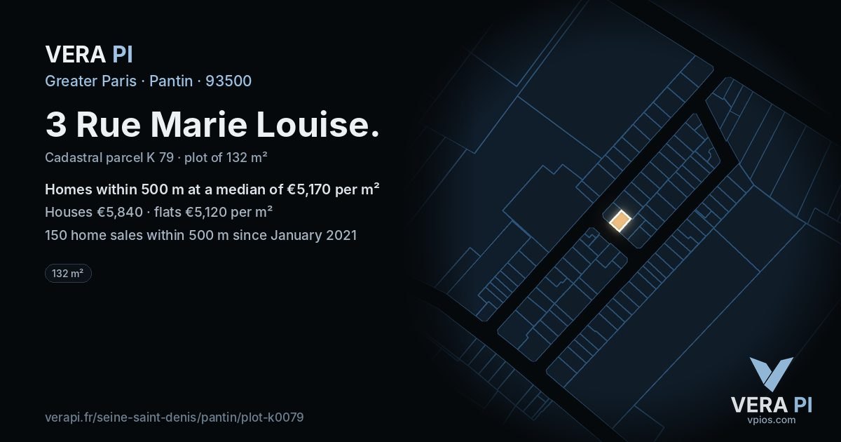 3 Rue Marie Louise, Pantin at night – the plot lit, the parcels around coloured by the prices near them