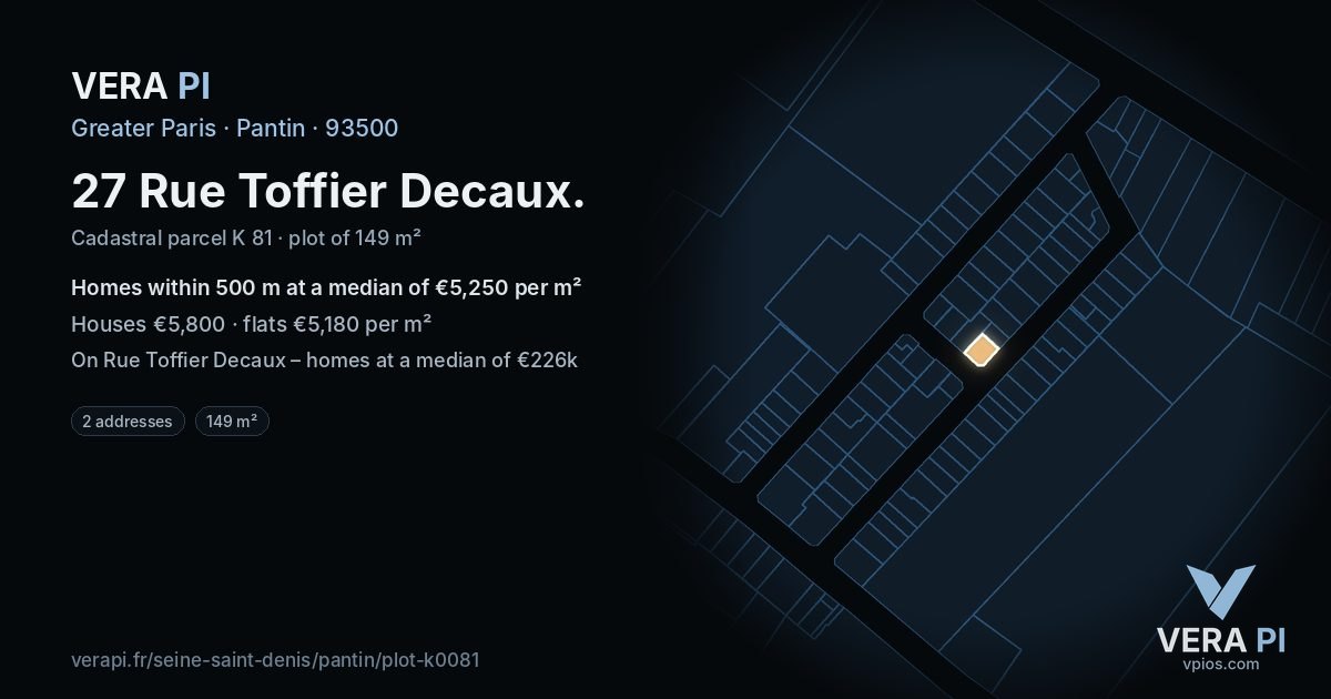 27 Rue Toffier Decaux, Pantin at night – the plot lit, the parcels around coloured by the prices near them