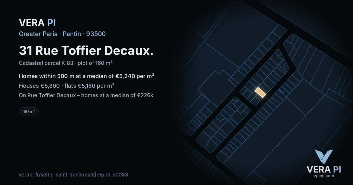31 Rue Toffier Decaux, Pantin at night – the plot lit, the parcels around coloured by the prices near them