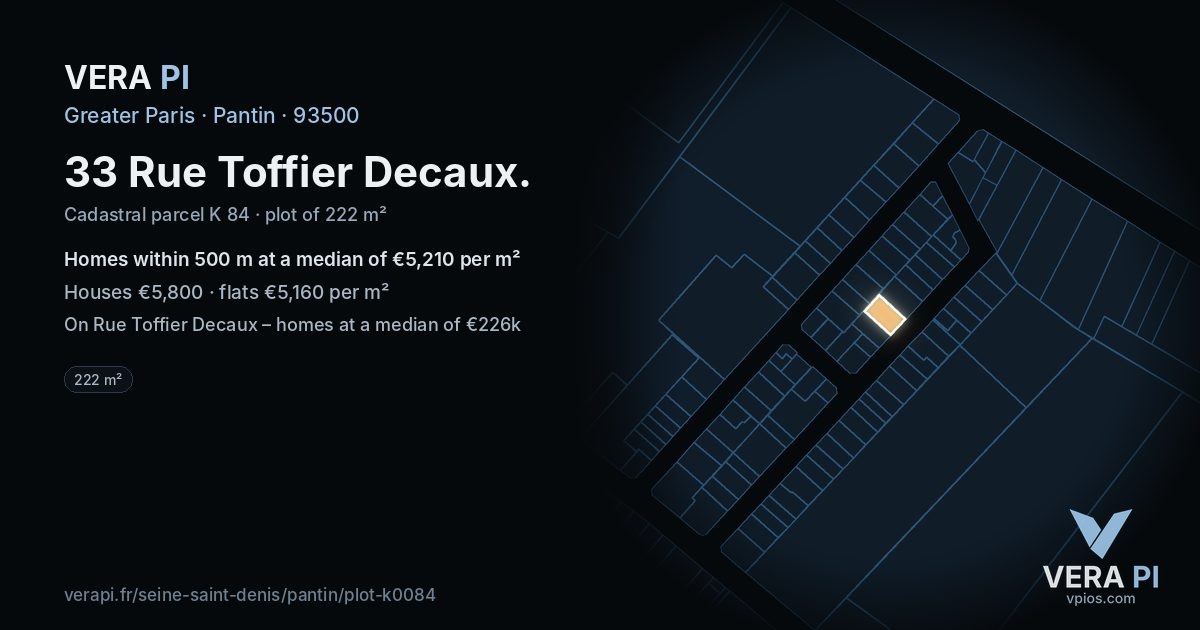 33 Rue Toffier Decaux, Pantin at night – the plot lit, the parcels around coloured by the prices near them
