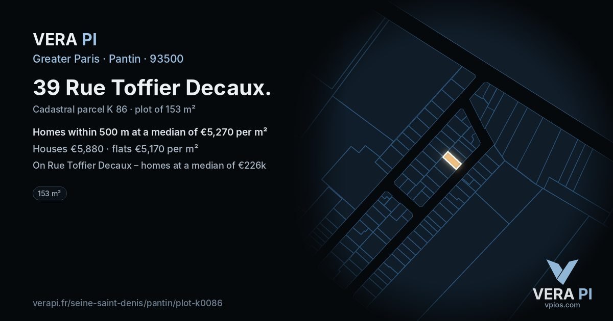 39 Rue Toffier Decaux, Pantin at night – the plot lit, the parcels around coloured by the prices near them