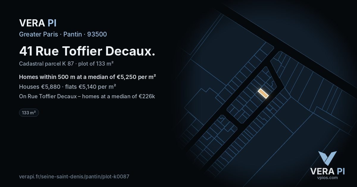 41 Rue Toffier Decaux, Pantin at night – the plot lit, the parcels around coloured by the prices near them