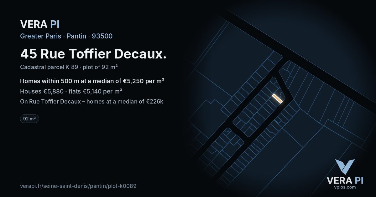 45 Rue Toffier Decaux, Pantin at night – the plot lit, the parcels around coloured by the prices near them