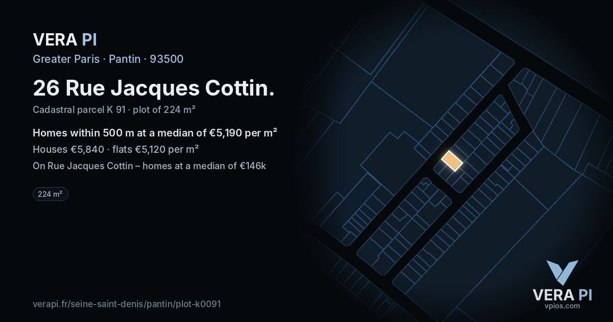26 Rue Jacques Cottin, Pantin at night – the plot lit, the parcels around coloured by the prices near them