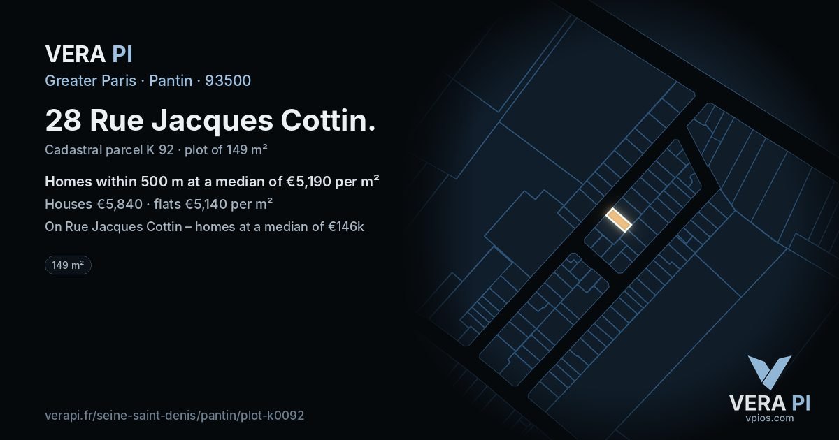 28 Rue Jacques Cottin, Pantin at night – the plot lit, the parcels around coloured by the prices near them