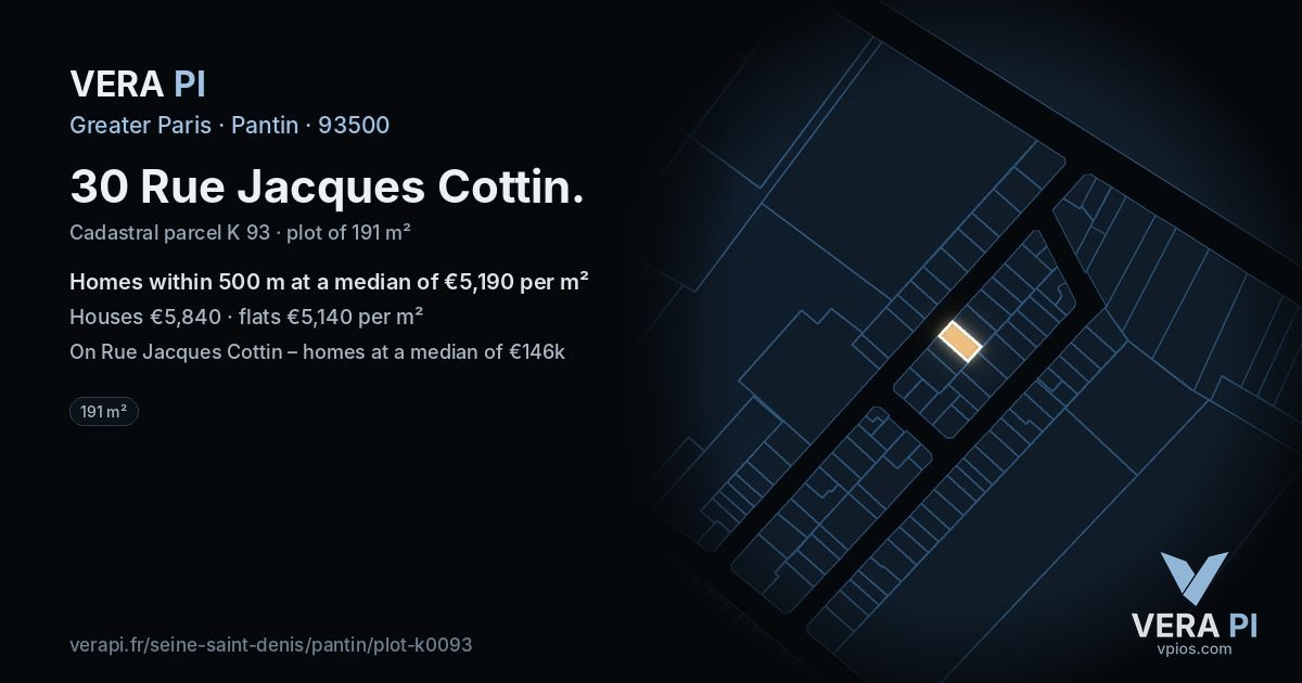 30 Rue Jacques Cottin, Pantin at night – the plot lit, the parcels around coloured by the prices near them