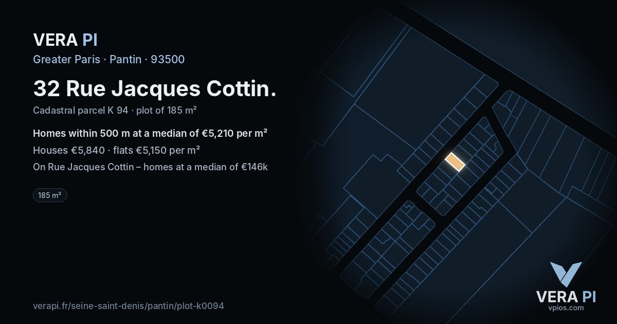 32 Rue Jacques Cottin, Pantin at night – the plot lit, the parcels around coloured by the prices near them