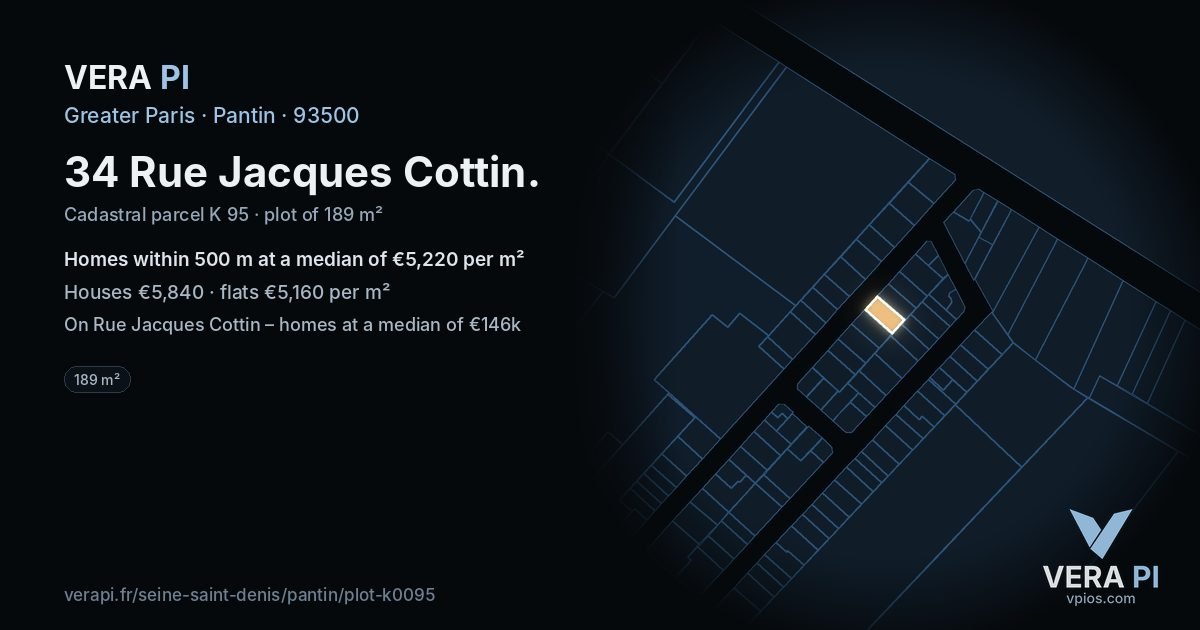 34 Rue Jacques Cottin, Pantin at night – the plot lit, the parcels around coloured by the prices near them